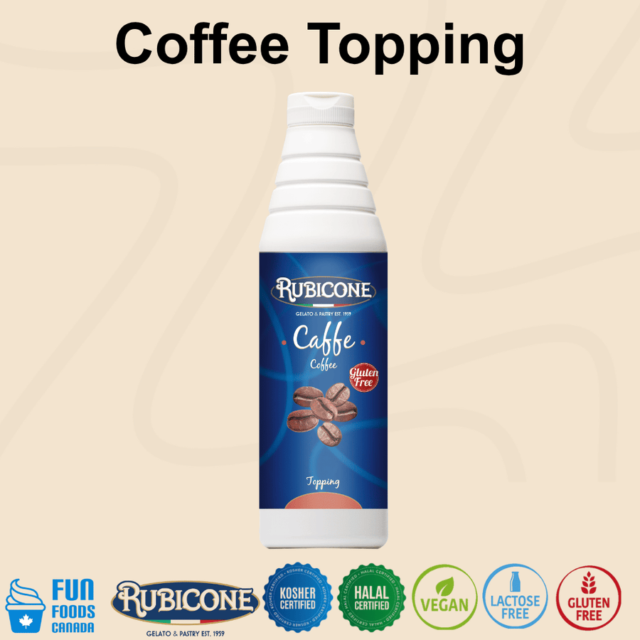 Rubicone Coffee Topping (Caffè), a rich coffee-flavoured dessert sauce for topping and decorating gelato, ice cream, frozen yogurt, pastries and desserts. Kosher, Halal, Vegan, Lactose-Free and Gluten-Free.

