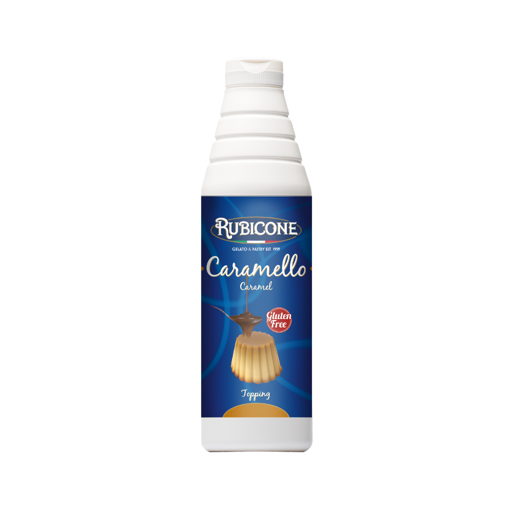 Rubicone Caramel Dessert Topping 1 KG Squeeze Bottle on a white background