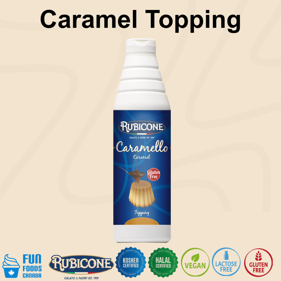 Rubicone Caramel Topping (Caramello), a rich caramel-flavoured dessert sauce for topping and decorating gelato, ice cream, frozen yogurt, pastries and desserts. Kosher, Halal, Vegan, Lactose-Free and Gluten-Free.
