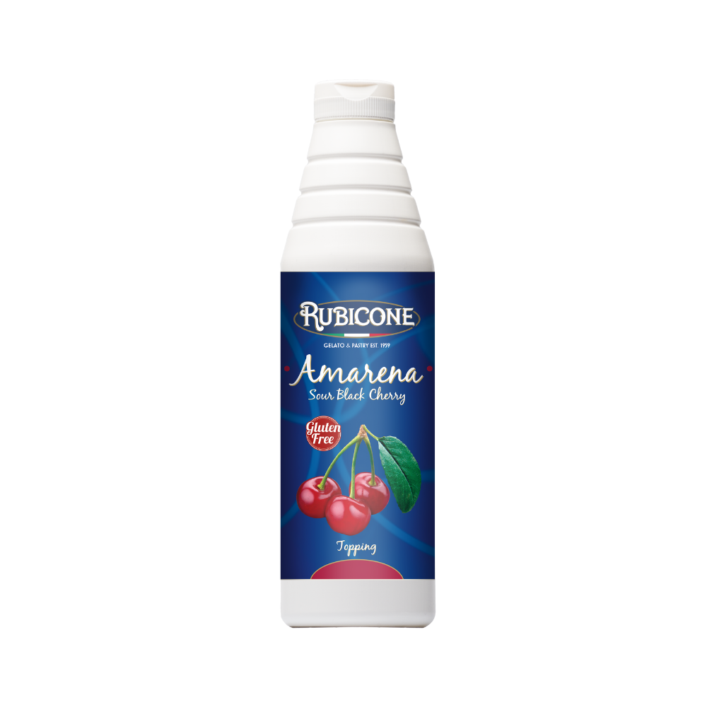 Rubicone Amarena cherry syrup topping 1 KG squeeze bottle on a white background