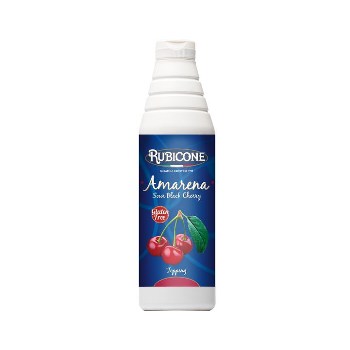 Rubicone Amarena cherry syrup topping 1 KG squeeze bottle on a white background