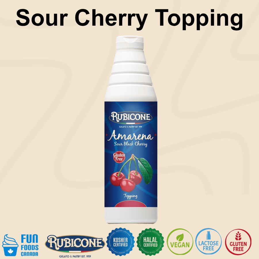 Rubicone Sour Cherry Topping (Amarena), a rich sour black cherry dessert sauce with a sweet-tart fruit flavour for topping and decorating gelato, ice cream, frozen yogurt, pastries and desserts. Kosher, Halal, Vegan, Lactose-Free and Gluten-Free.
