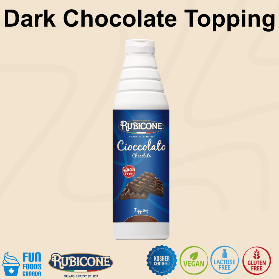 Rubicone Dark Chocolate Topping (Cioccolato), a rich dark chocolate-flavoured dessert sauce for topping and decorating gelato, ice cream, frozen yogurt, pastries and desserts. Kosher, Vegan, Lactose-Free and Gluten-Free.
