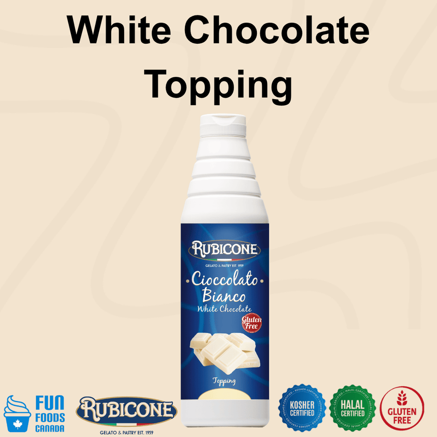 Rubicone White Chocolate Topping (Cioccolato Bianco), a smooth and creamy white chocolate dessert sauce with rich, sweet cocoa butter notes for topping and decorating gelato, ice cream, frozen yogurt, pastries and desserts. Kosher, Halal and Gluten-Free.
