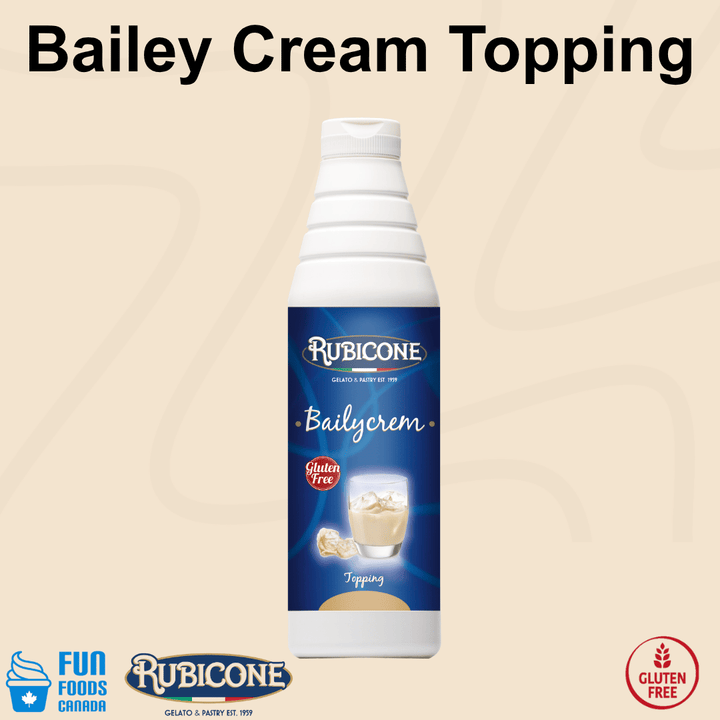 Rubicone Bailey Cream Topping, a creamy liqueur-inspired dessert sauce for topping gelato, ice cream, frozen desserts and pastries. Gluten-Free.
