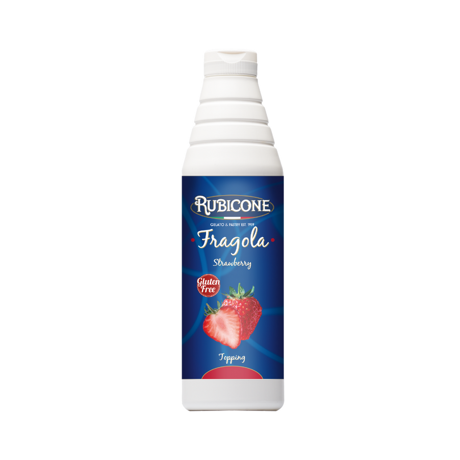 Rubicone Strawberry (Fragola) Syrup Topping 1 KG Squeeze Bottle on a white background