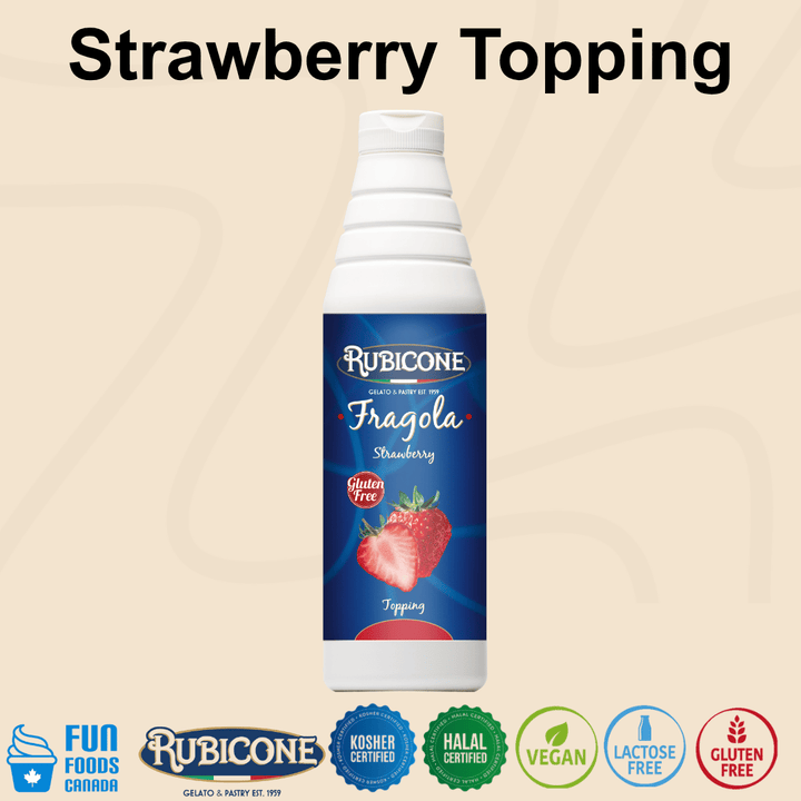 Rubicone Strawberry Topping (Fragola), a vibrant strawberry-flavoured dessert sauce with a sweet, fruity flavour for topping and decorating gelato, ice cream, frozen yogurt, pastries and desserts. Kosher, Halal, Vegan, Lactose-Free and Gluten-Free.
