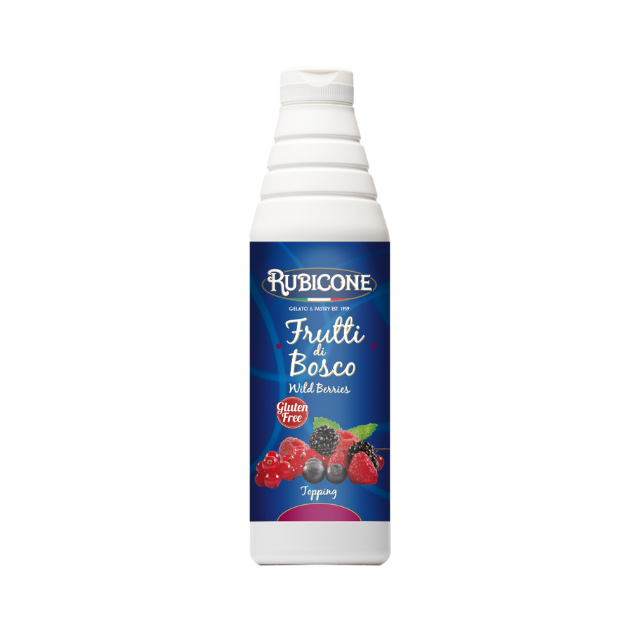Rubicone Frutti di Bosco wild berries topping 1 KG squeeze bottle on a white background
