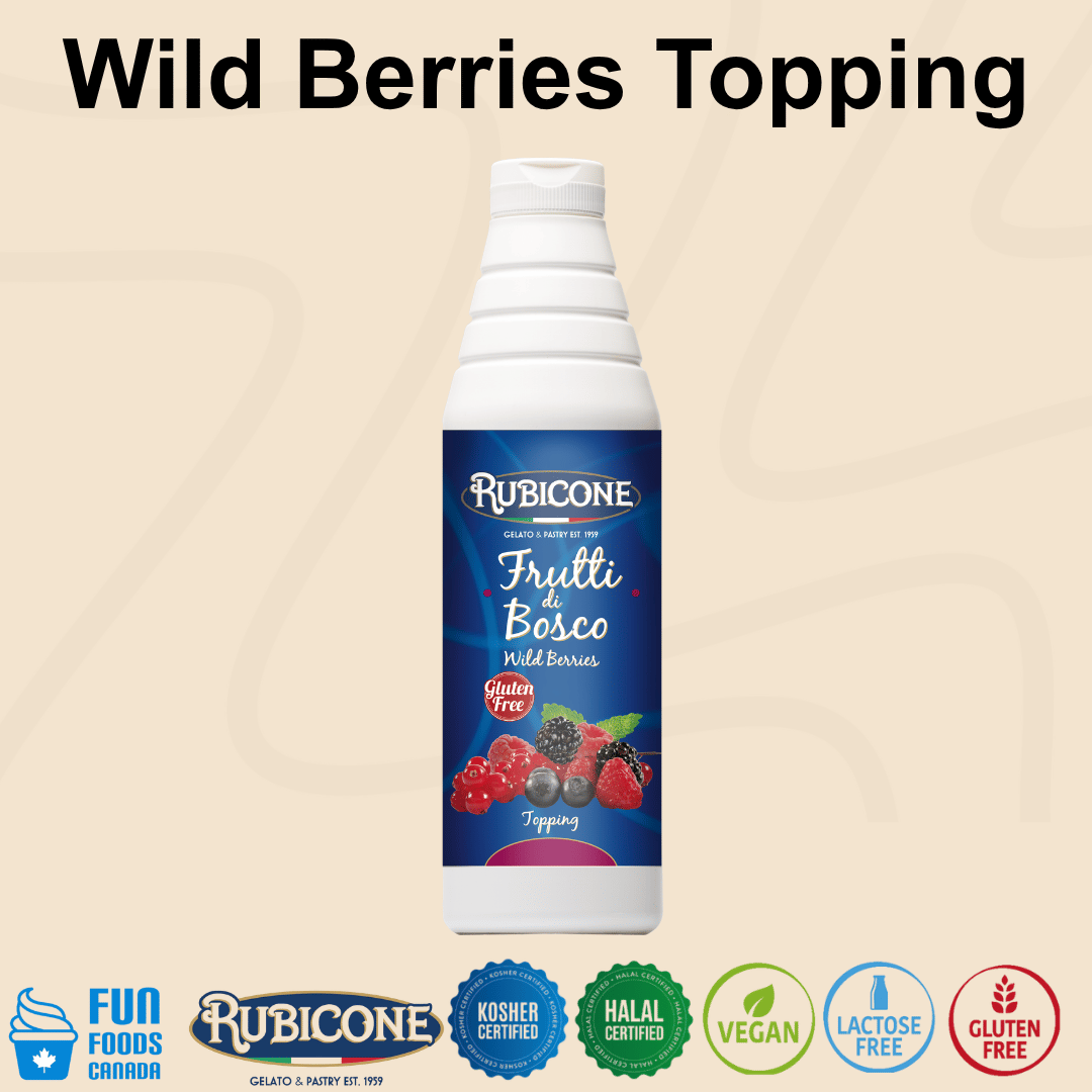 Rubicone Wild Berries Topping (Frutti di Bosco), a vibrant mixed berry dessert sauce with rich, sweet-tart fruit flavour for topping and decorating gelato, ice cream, frozen yogurt, pastries and desserts. Kosher, Halal, Vegan, Lactose-Free and Gluten-Free.
