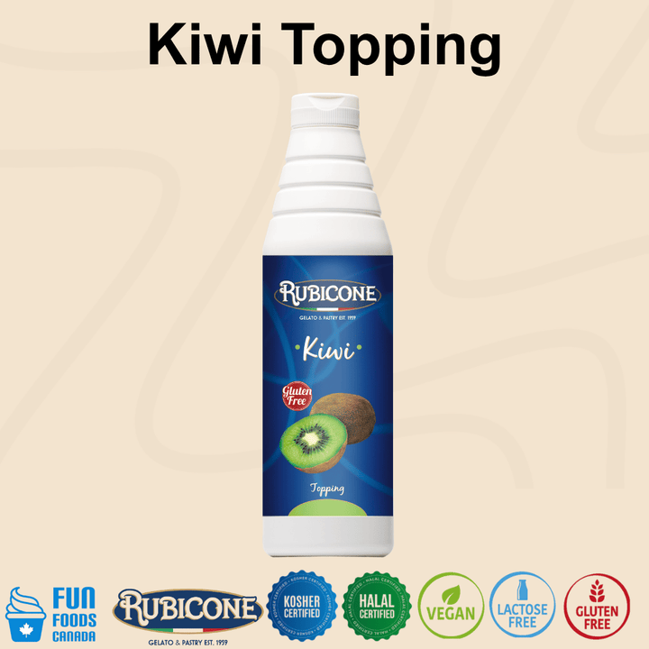 Rubicone Kiwi Topping, a fruity kiwi-flavoured dessert sauce for topping and decorating gelato, ice cream, frozen yogurt, pastries and desserts. Kosher, Halal, Vegan, Lactose-Free and Gluten-Free.
