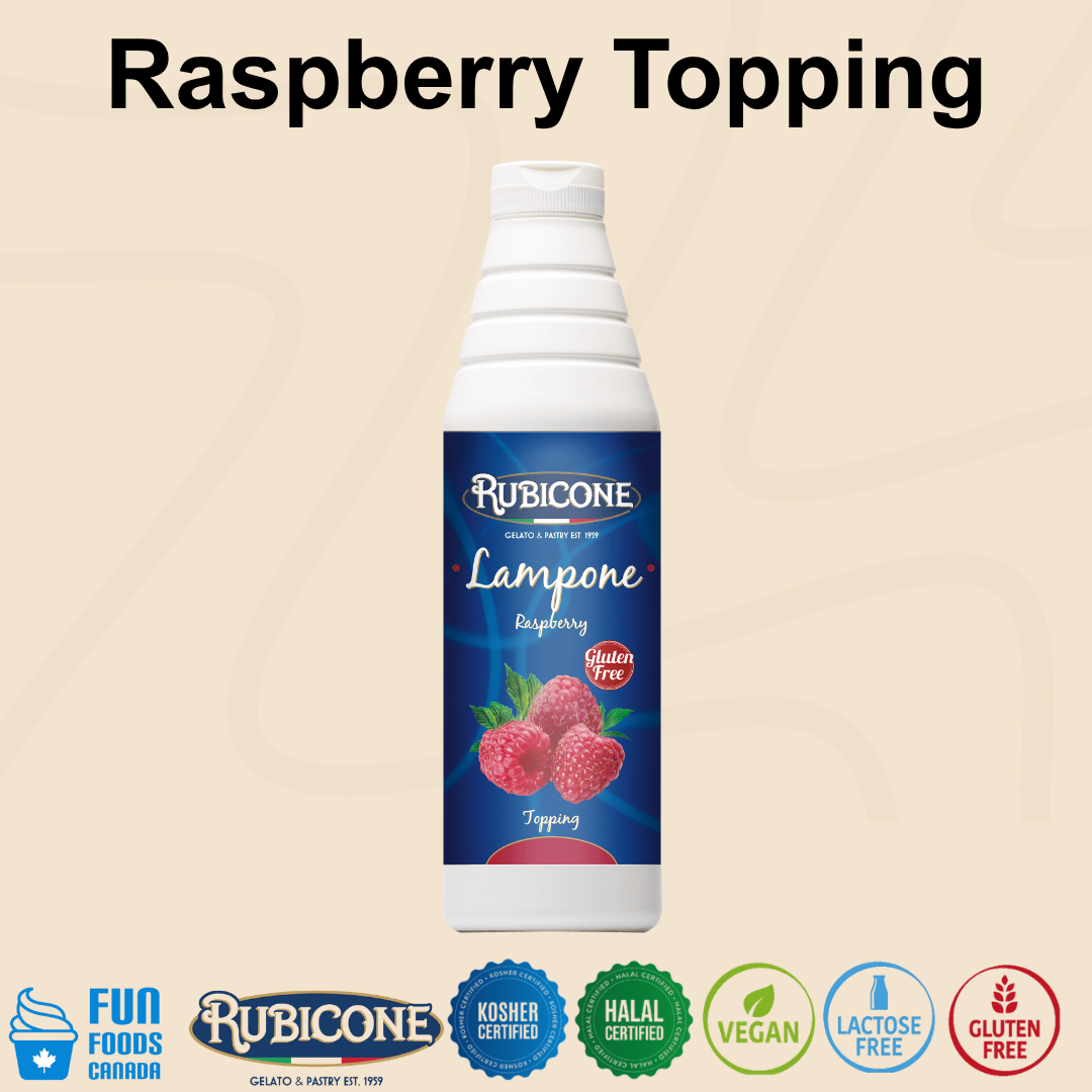Rubicone Raspberry Topping (Lampone), a vibrant raspberry-flavoured dessert sauce for topping and decorating gelato, ice cream, frozen yogurt, pastries and desserts. Kosher, Halal, Vegan, Lactose-Free and Gluten-Free.
