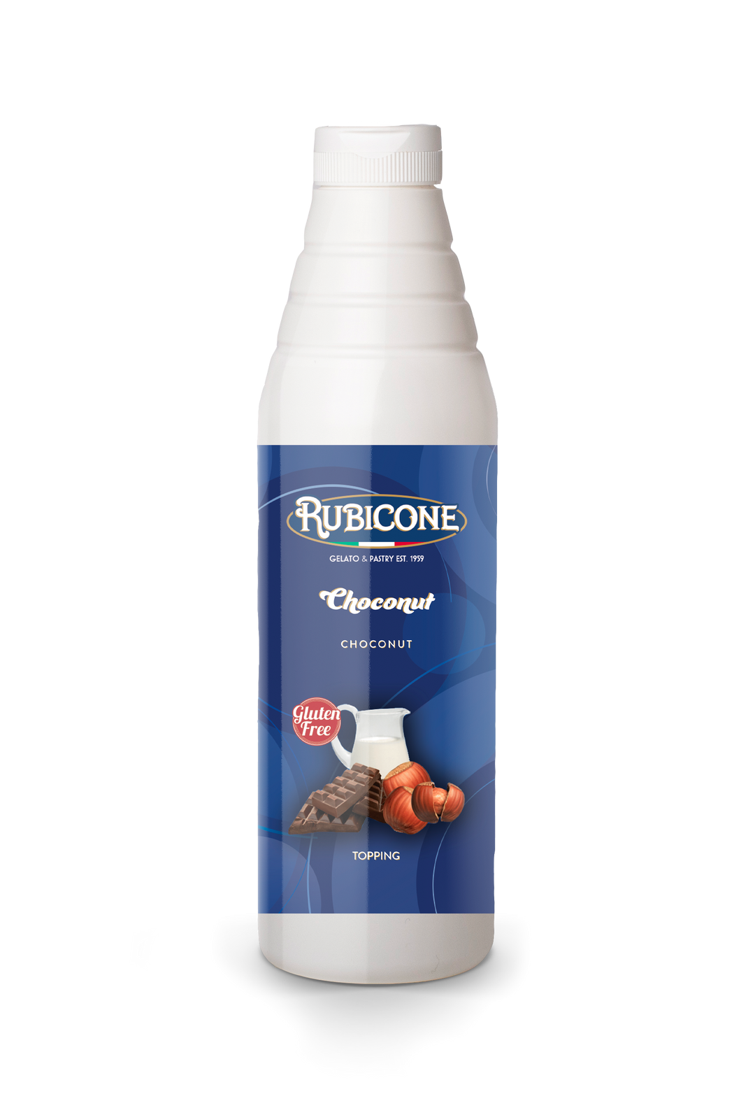 1 KG bottle of Rubicone Chocolate Hazelnut topping on a white background 
