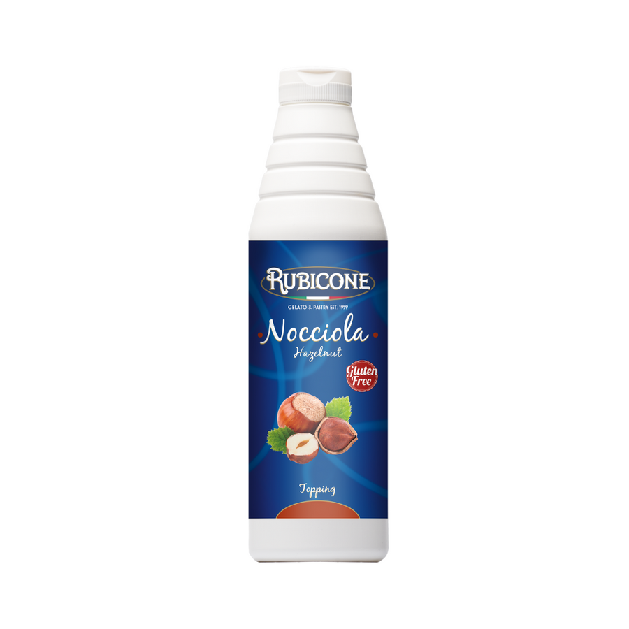 Rubicone Nocciola hazelnut topping bottle on a white background