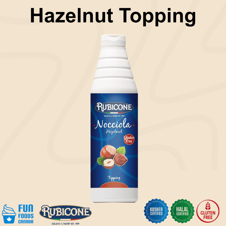 Rubicone Hazelnut Topping (Nocciola), a rich hazelnut-flavoured dessert sauce for topping and decorating gelato, ice cream, frozen yogurt, pastries and desserts. Kosher, Halal and Gluten-Free.
