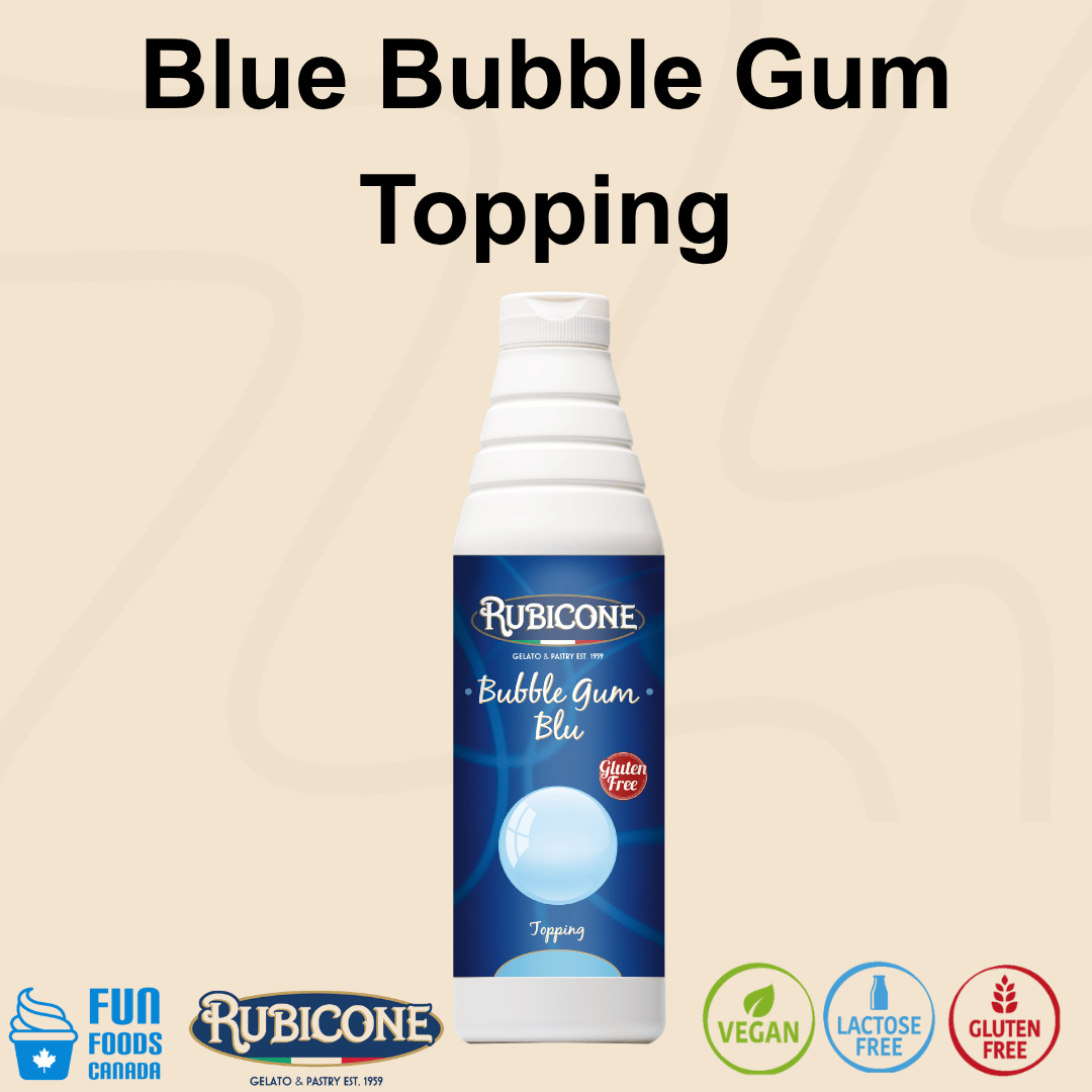 Rubicone Blue Bubble Gum Topping, a sweet blue bubble gum-flavoured dessert sauce for topping gelato, ice cream, frozen yogurt and desserts. Vegan, Lactose-Free and Gluten-Free.
