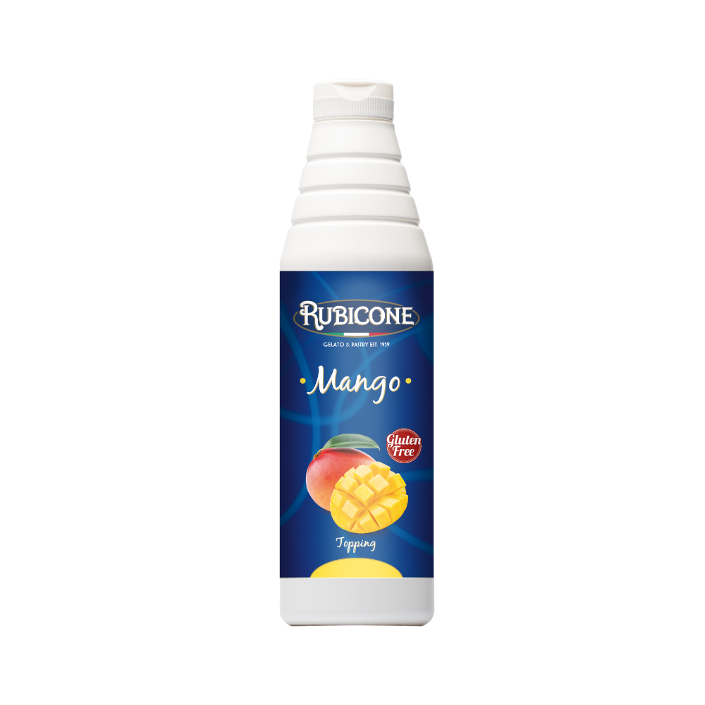 Rubicone Mango Topping in a 1 KG squeeze bottle on a white background