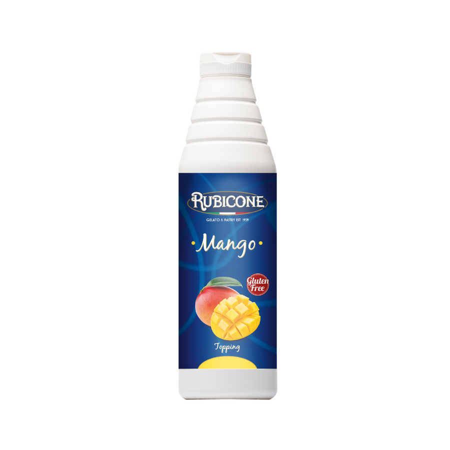 Rubicone Mango Topping in a 1 KG squeeze bottle on a white background
