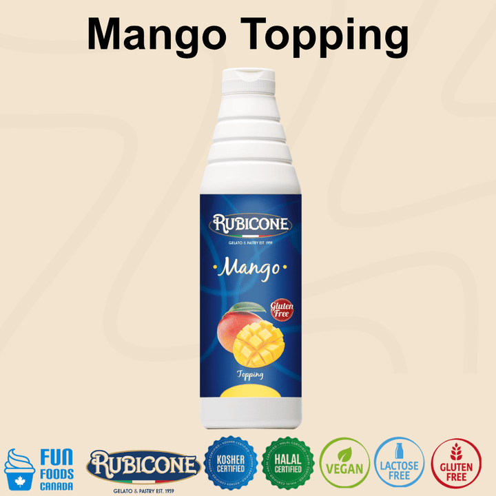 Rubicone Mango Topping, a fruity mango-flavoured dessert sauce for topping and decorating gelato, ice cream, frozen yogurt, pastries and desserts. Kosher, Halal, Vegan, Lactose-Free and Gluten-Free.
