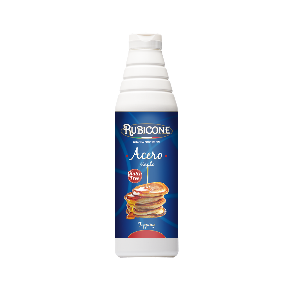Rubicone Acero maple syrup topping 1 KG squeeze bottle on a white background
