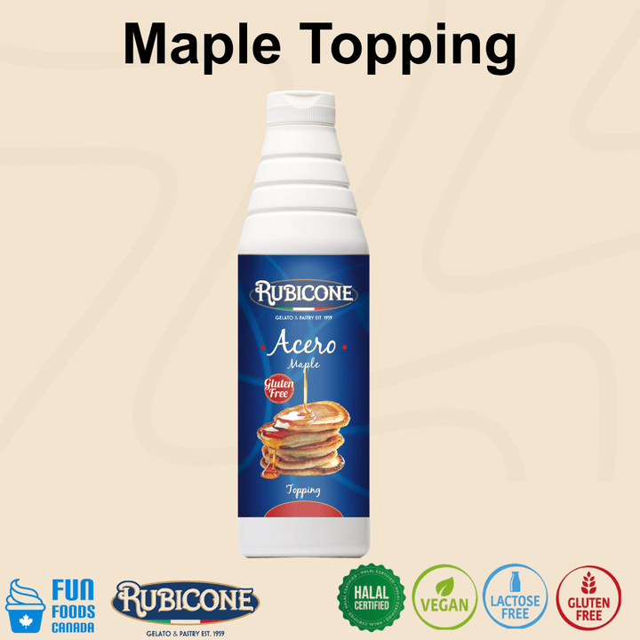 Rubicone Maple Topping (Acero), a sweet maple-flavoured dessert sauce for topping and decorating gelato, ice cream, frozen yogurt, pancakes, waffles, pastries and desserts. Halal, Vegan, Lactose-Free and Gluten-Free.
