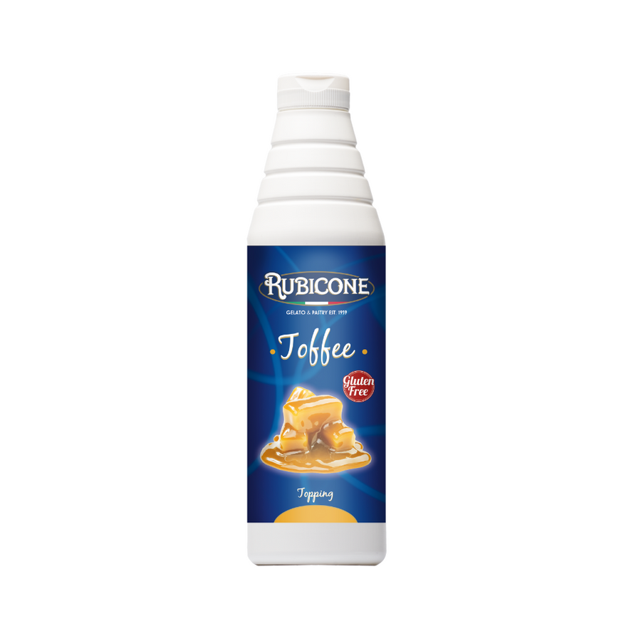 Rubicone Toffee topping 1 KG squeeze bottle on a white background