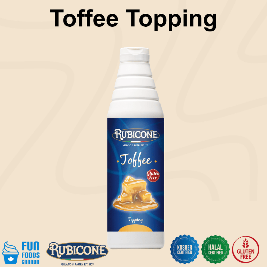 Rubicone Toffee Topping, a rich toffee-flavoured dessert sauce with sweet, buttery caramel notes for topping and decorating gelato, ice cream, frozen yogurt, pastries and desserts. Kosher, Halal and Gluten-Free.
