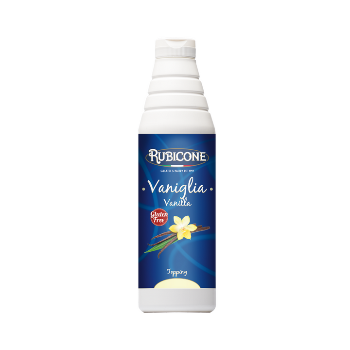 Rubicone Vanilla Syrup Topping 1 KG squeeze bottle on a white background