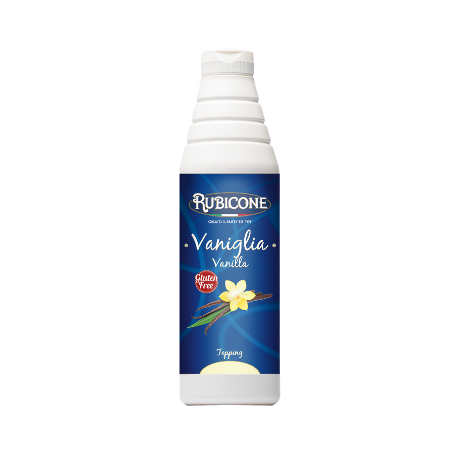 Rubicone Vanilla Syrup Topping 1 KG squeeze bottle on a white background
