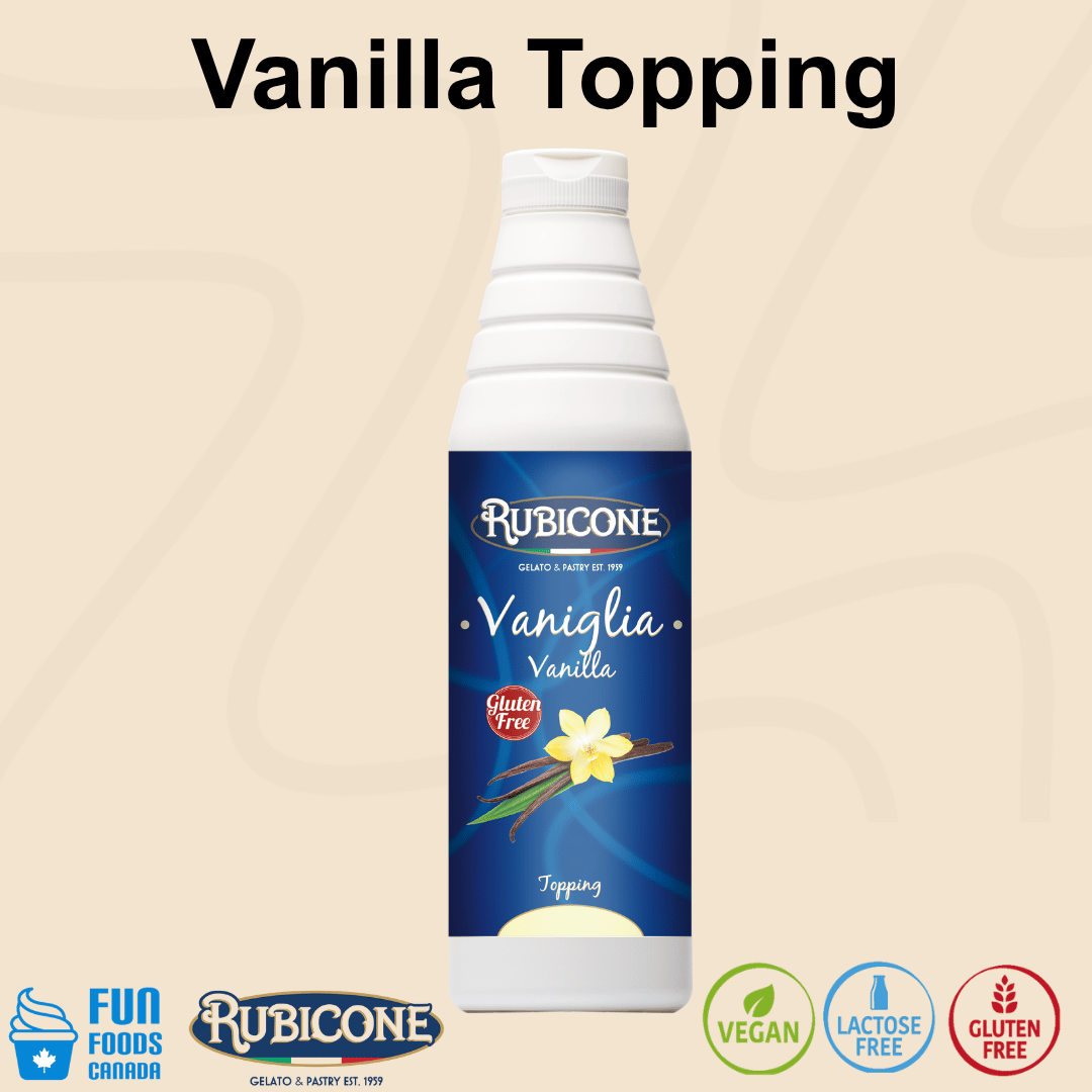 Rubicone Vanilla Topping (Vaniglia), a smooth vanilla-flavoured dessert sauce with sweet, creamy vanilla notes for topping and decorating gelato, ice cream, frozen yogurt, pastries and desserts. Vegan, Lactose-Free and Gluten-Free.
