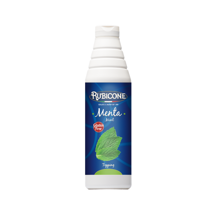Rubicone Menta (mint) topping 1 KG squeeze bottle on a white background