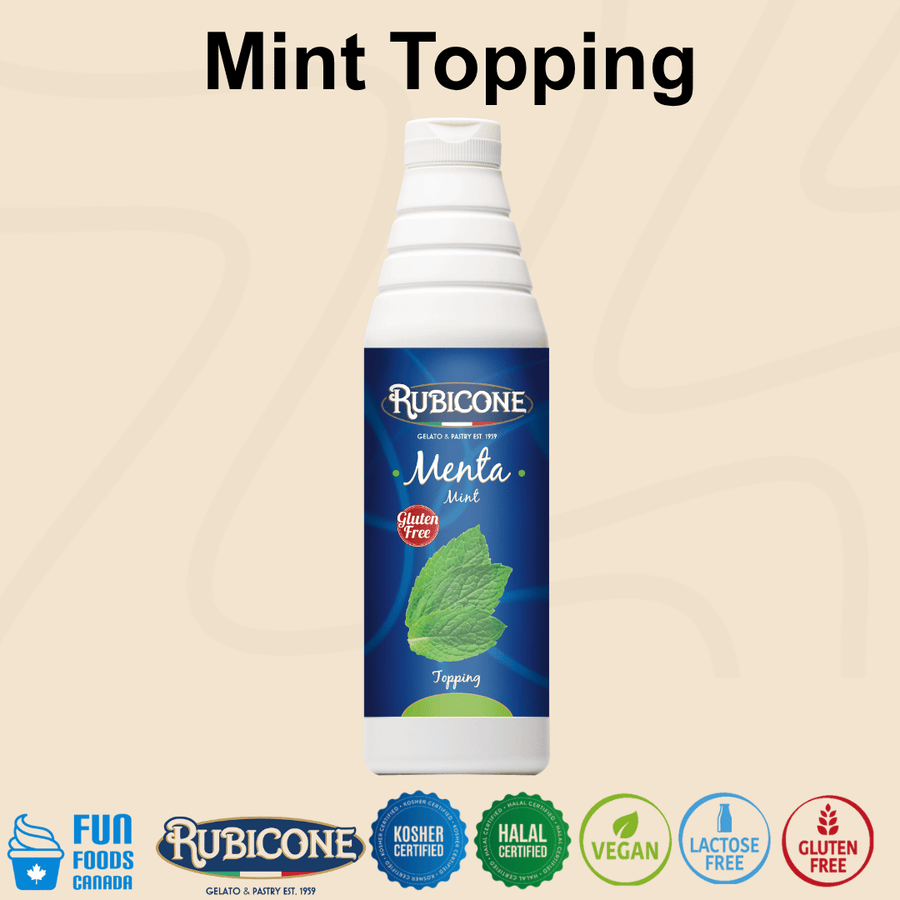 Rubicone Mint Topping (Menta), a refreshing mint-flavoured dessert sauce for topping and decorating gelato, ice cream, frozen yogurt, pastries and desserts. Kosher, Halal, Vegan, Lactose-Free and Gluten-Free.
