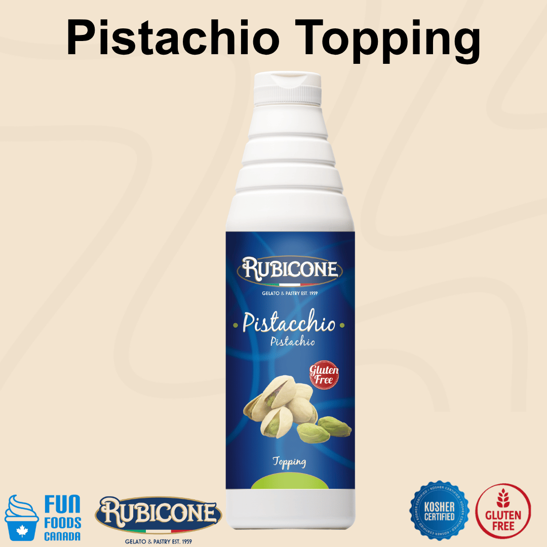 Rubicone Pistachio Topping (Pistacchio), a rich pistachio-flavoured dessert sauce for topping and decorating gelato, ice cream, frozen yogurt, pastries and desserts. Kosher and Gluten-Free.
