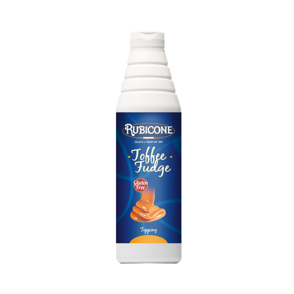 Rubicone Toffee Fudge topping 1 KG squeeze bottle on a white background