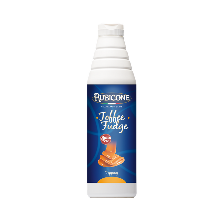 Rubicone Toffee Fudge topping 1 KG squeeze bottle on a white background