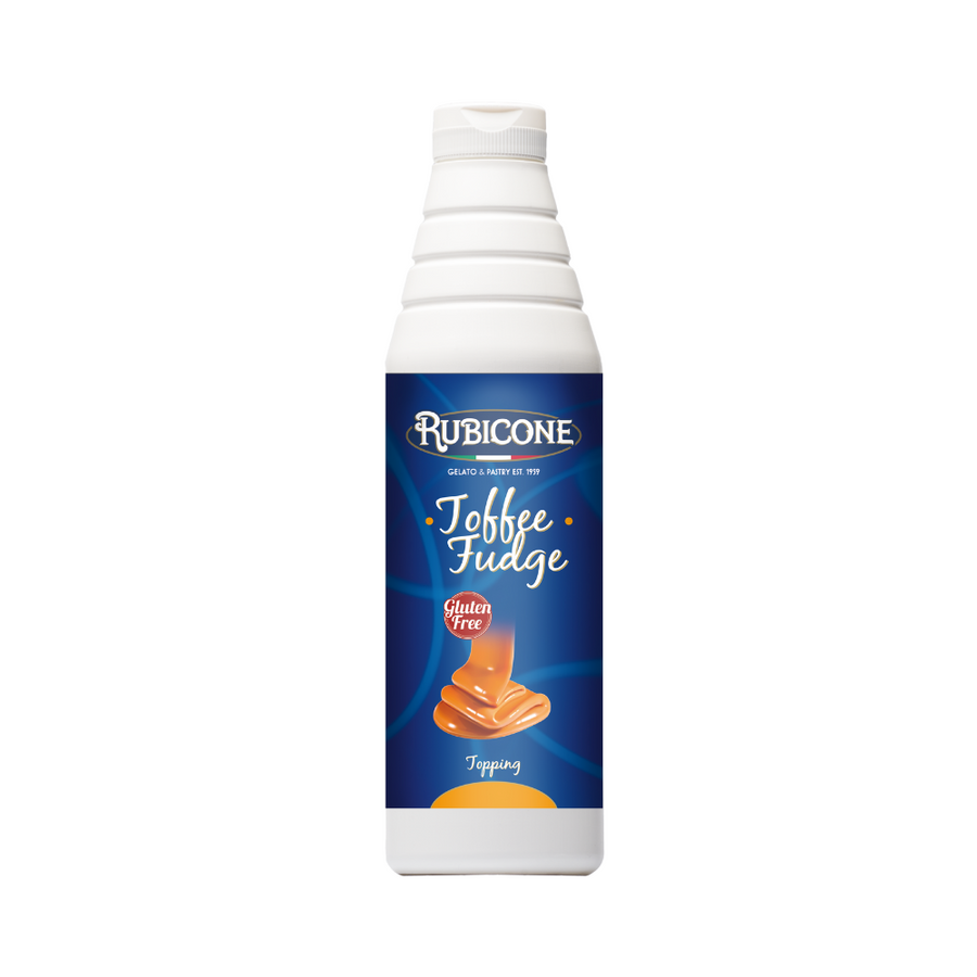 Rubicone Toffee Fudge topping 1 KG squeeze bottle on a white background