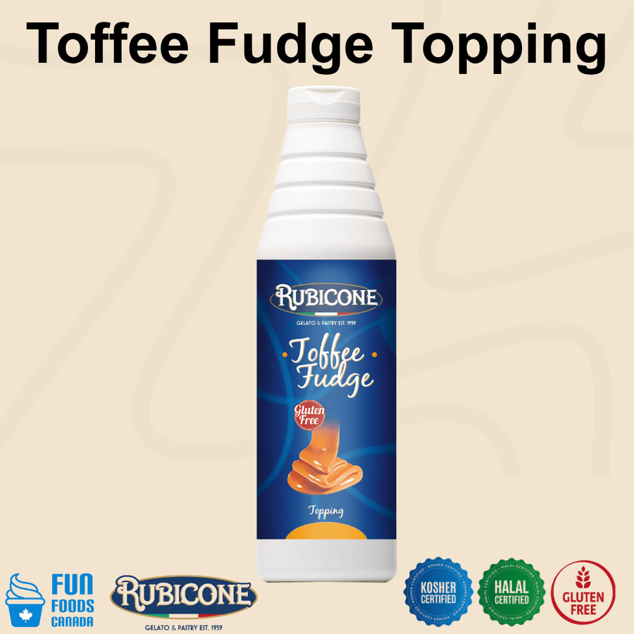 Rubicone Toffee Fudge Topping, a rich and creamy dessert sauce with sweet buttery toffee and indulgent fudge notes, ideal for topping and decorating gelato, ice cream, frozen yogurt, pastries and desserts. Kosher, Halal and Gluten-Free.
