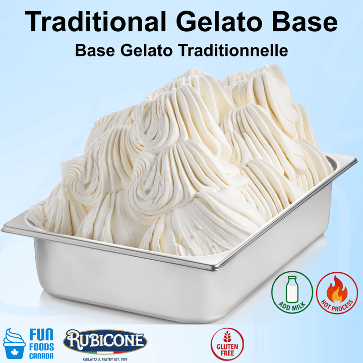 Traditional gelato base in a metal container with Rubicone branding on a light blue background