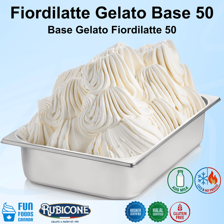 Fiordilatte Gelato Base 50 in a metal container with Rubicone branding and certification logos on a light blue background.