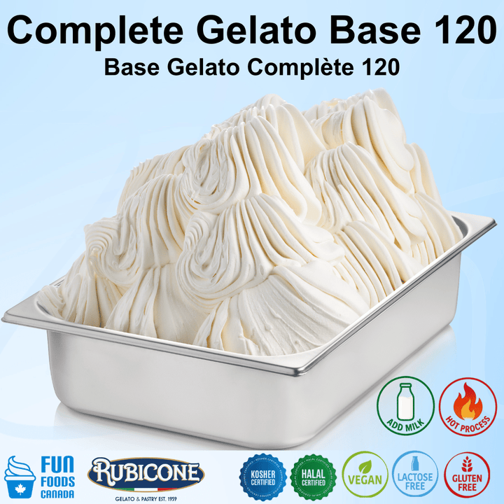Container of gelato base with Rubicone branding on a light blue background