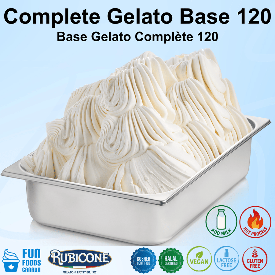 Container of gelato base with Rubicone branding on a light blue background