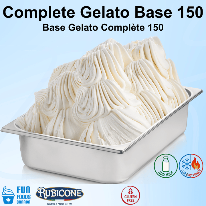 Container of Complete Gelato Base 150 with Rubicone branding on a light blue background