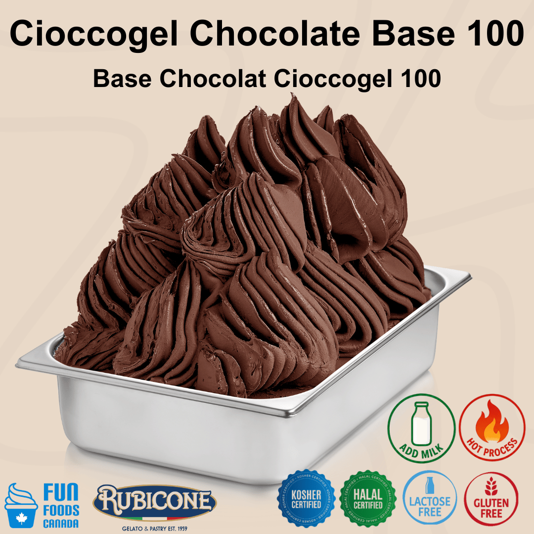 Chocolate base in a container with Rubicone branding and certification logos on a beige background