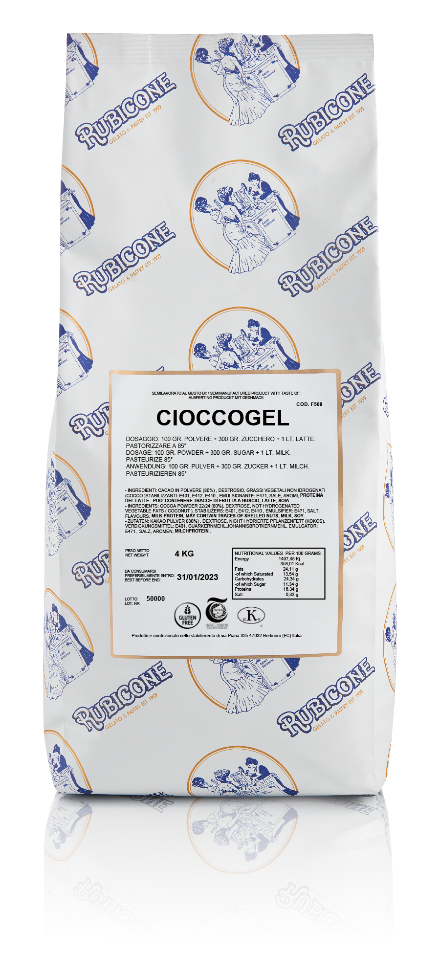 4 KG bag of Cioccogel 100 - Hot Process Chocolate Gelato Base - on a transparent background by Rubicone Canada