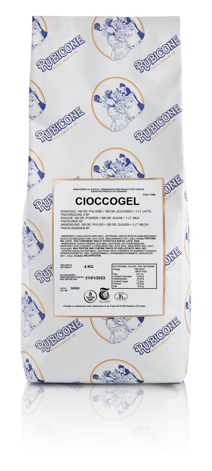 4 KG bag of Cioccogel 100 - Hot Process Chocolate Gelato Base - on a transparent background by Rubicone Canada
