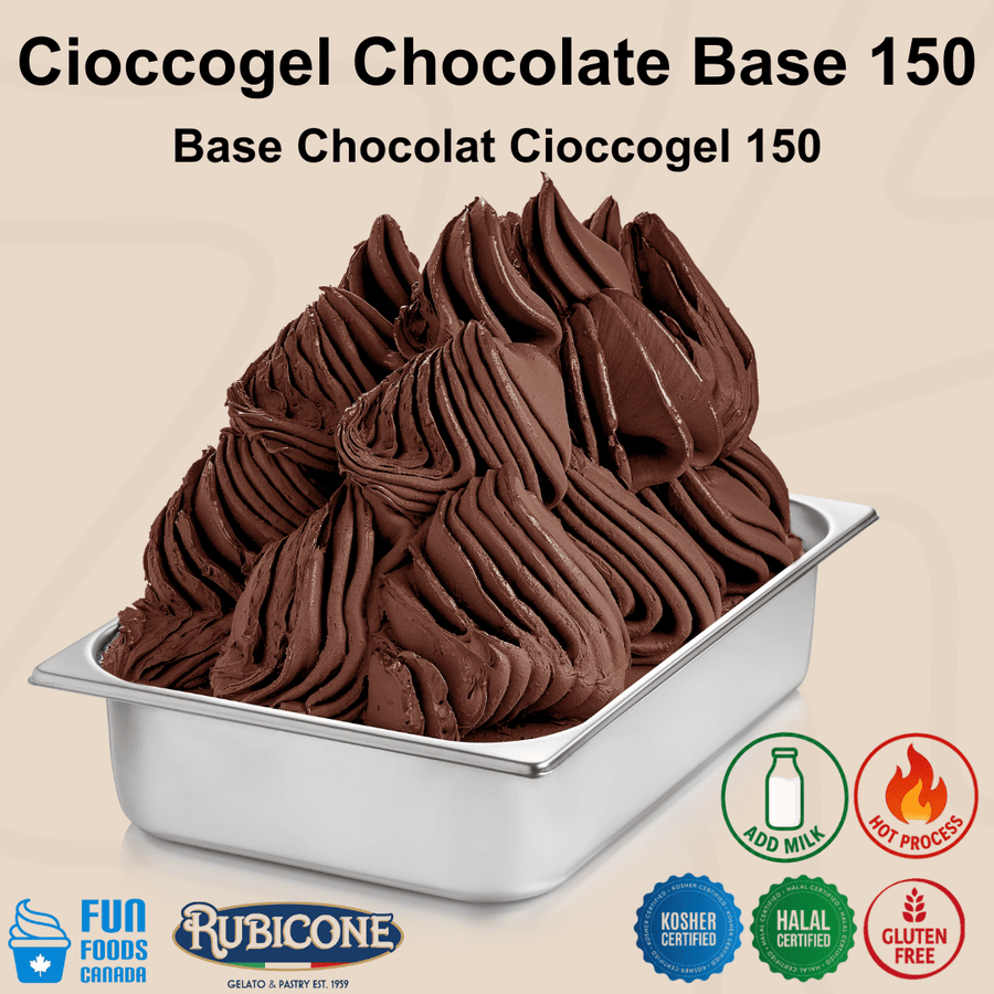 Cioccogel Chocolate Base 150 in a metal container with Rubicone branding and certification logos.