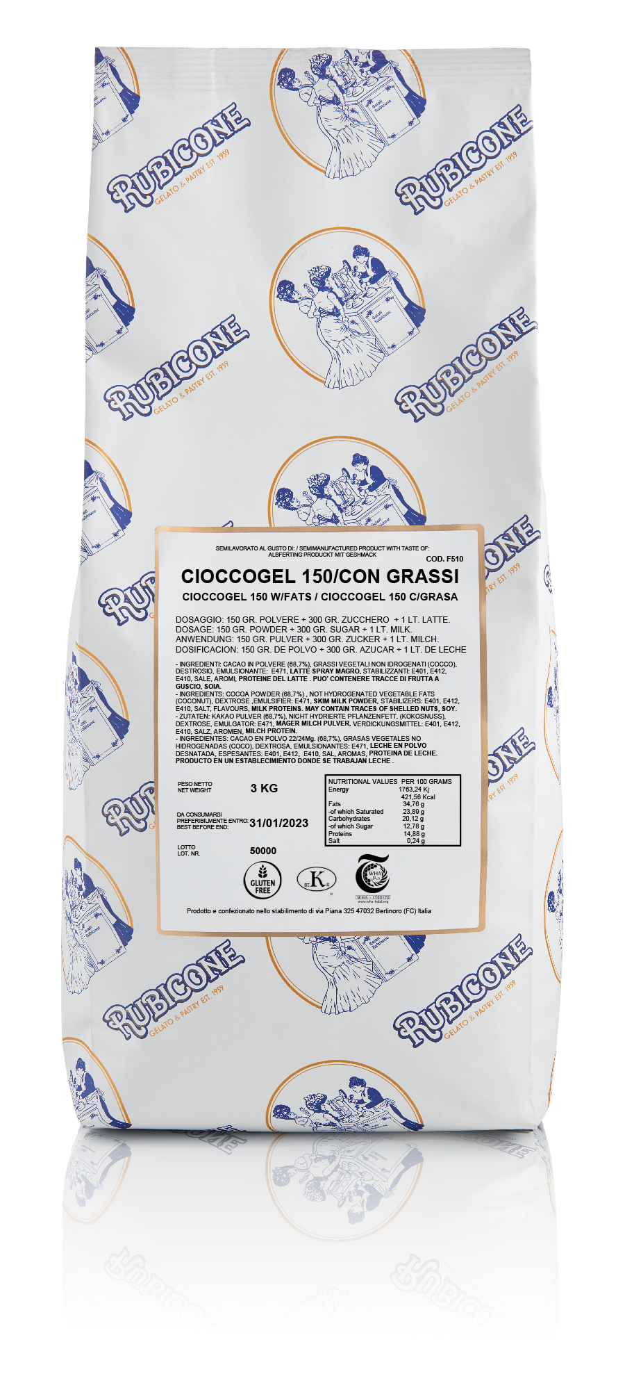 Rubicone Cioccogel 150 w/ Fats - 3 KG bag on a transparent background by Rubicone Canada - Canadian Distribution