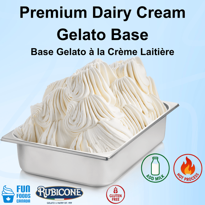 Container of premium dairy cream gelato base with Rubicone branding on a light blue background