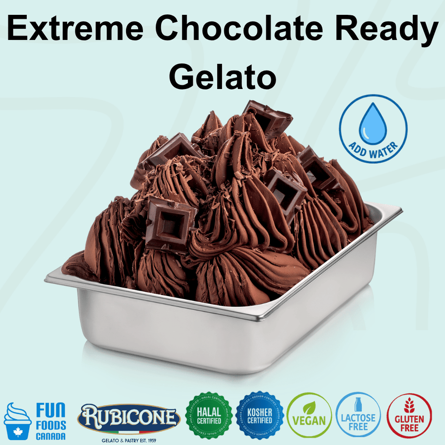 Rubicone Extreme Chocolate Ready Gelato mix – intensely rich dark chocolate-flavoured add-water mix for creamy commercial gelato in Canada. Halal certified, Kosher certified, vegan, lactose-free and gluten-free.
