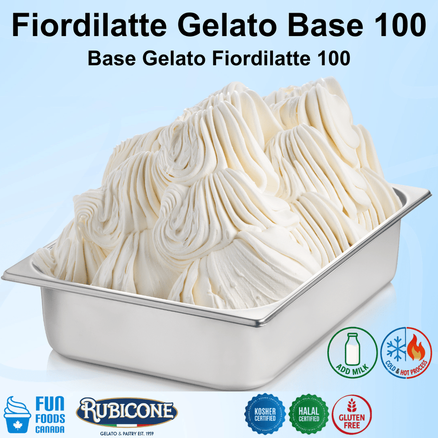 Fiordilatte Gelato Base 100 in a metal container with Rubicone branding on a light blue background.