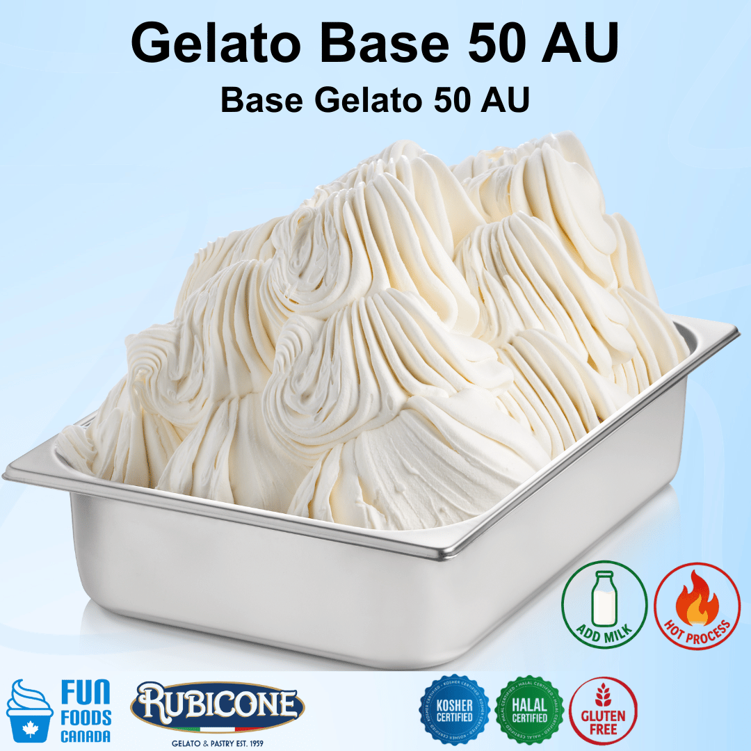 Container of Gelato Base 50 AU with Rubicone branding on a light blue background